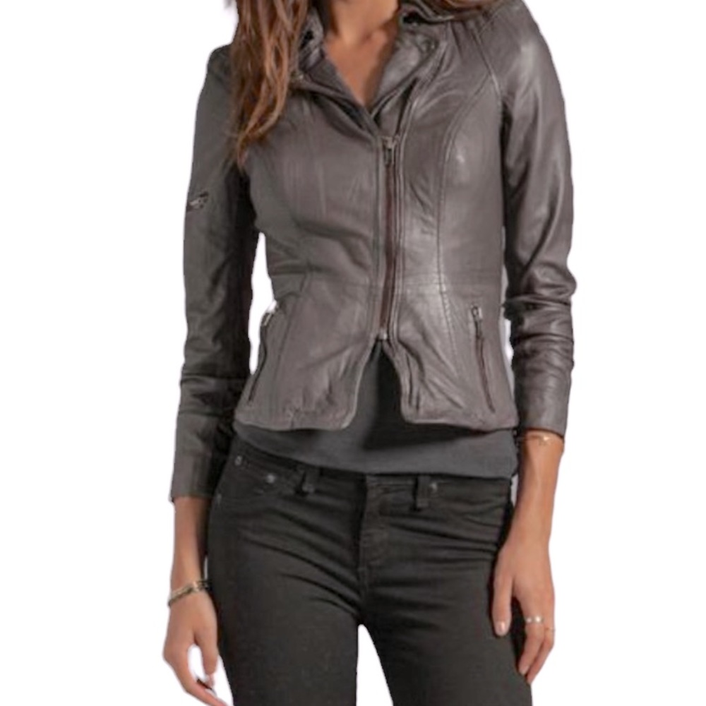 MUUBAA LYRA SLATE GREY LEATHER BIKER JACKET US 8